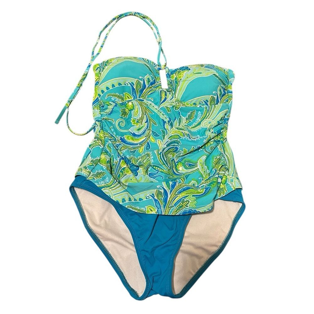 Ralph Lauren Green Blue Floral Paisley Ruched Halter One Piece Swimsuit Size 8